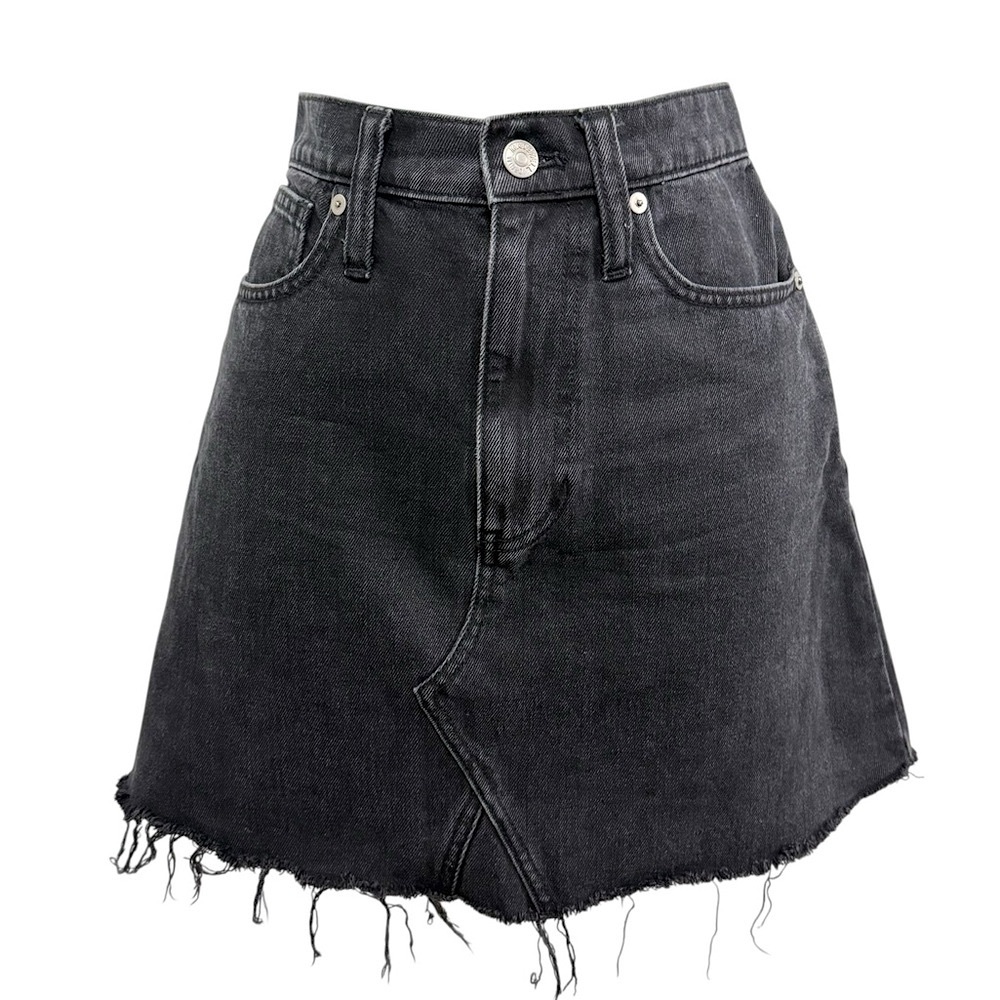 Madewell Frisco 70’s High Rise Black Wash Raw Hem A-Line Denim Mini Skirt 27 - Picture 4 of 12